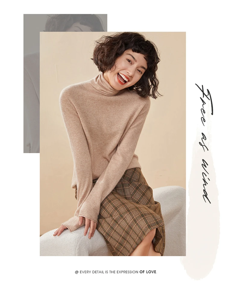 Women's Pullover Autumn/Winter 100% Cashmere Sweater Casual Knitted Sweater High Collar Loose Tops Basic Pile Collar Blouse