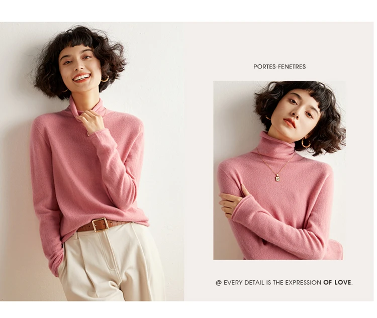 Women's Pullover Autumn/Winter 100% Cashmere Sweater Casual Knitted Sweater High Collar Loose Tops Basic Pile Collar Blouse