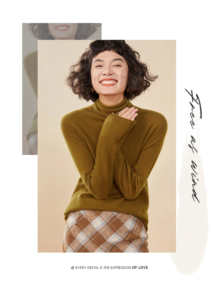 Women's Pullover Autumn/Winter 100% Cashmere Sweater Casual Knitted Sweater High Collar Loose Tops Basic Pile Collar Blouse