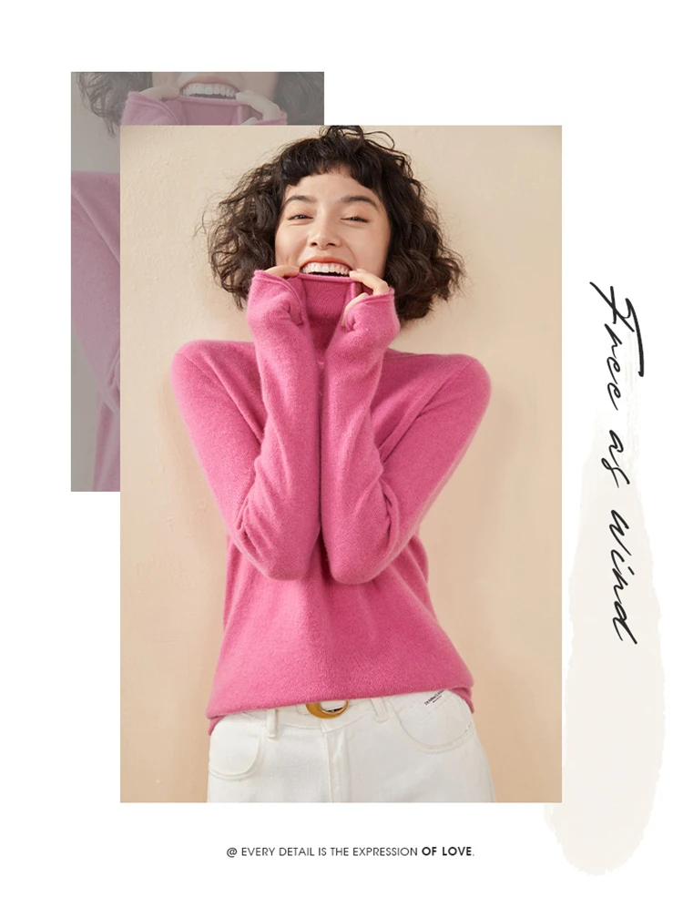Women's Pullover Autumn/Winter 100% Cashmere Sweater Casual Knitted Sweater High Collar Loose Tops Basic Pile Collar Blouse