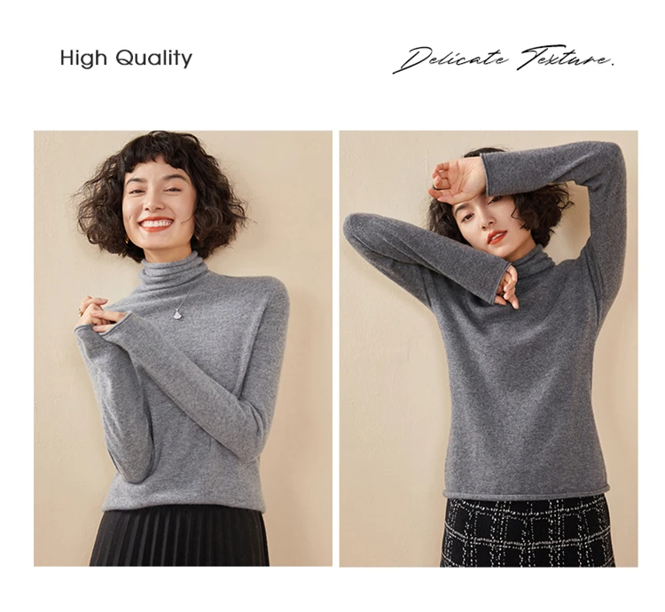 Women's Pullover Autumn/Winter 100% Cashmere Sweater Casual Knitted Sweater High Collar Loose Tops Basic Pile Collar Blouse