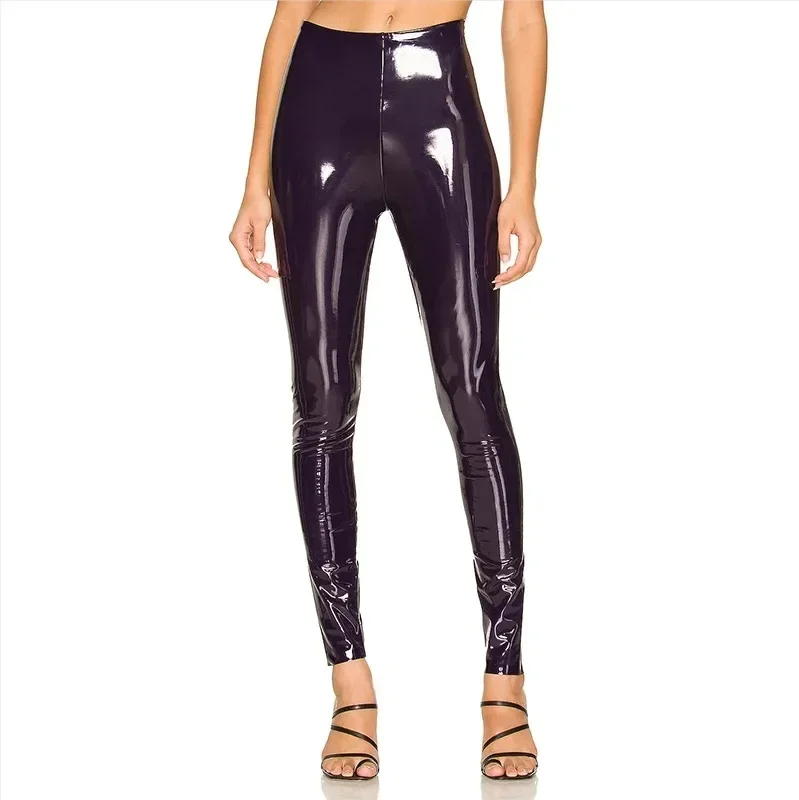 Faux Leather Purple Women Shiny PVC Pants Sexy Slim Leggings Latex Stretchy High Waist PU Bodycon Pants NEW Summer Trousers