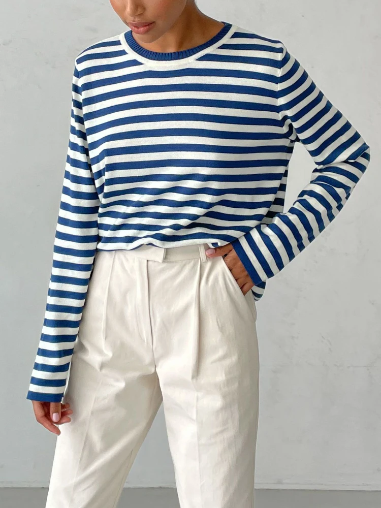 Bornladies Knitted Stripe Sweater Women 2025 Autumn Winter Loose Casual Thick Pullovers Female Warm Long-sleeved Round Neck Tops