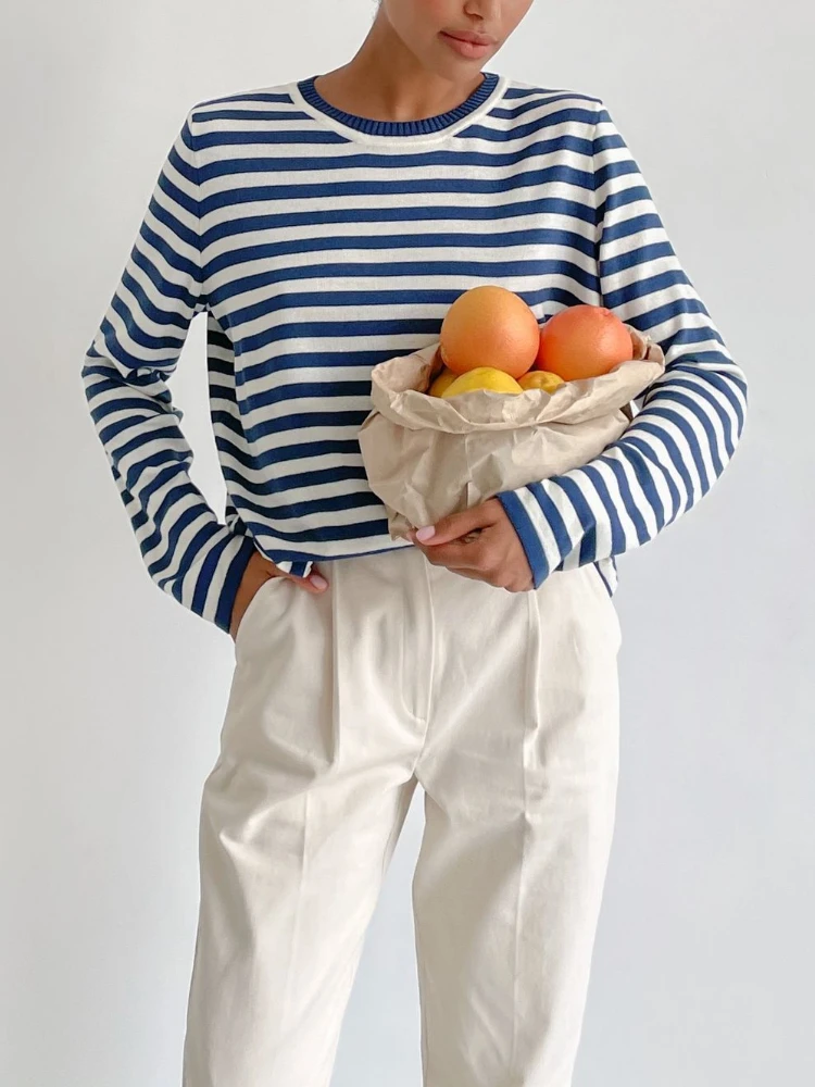Bornladies Knitted Stripe Sweater Women 2025 Autumn Winter Loose Casual Thick Pullovers Female Warm Long-sleeved Round Neck Tops