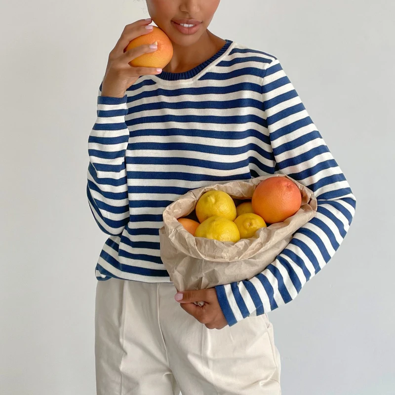Bornladies Knitted Stripe Sweater Women 2025 Autumn Winter Loose Casual Thick Pullovers Female Warm Long-sleeved Round Neck Tops
