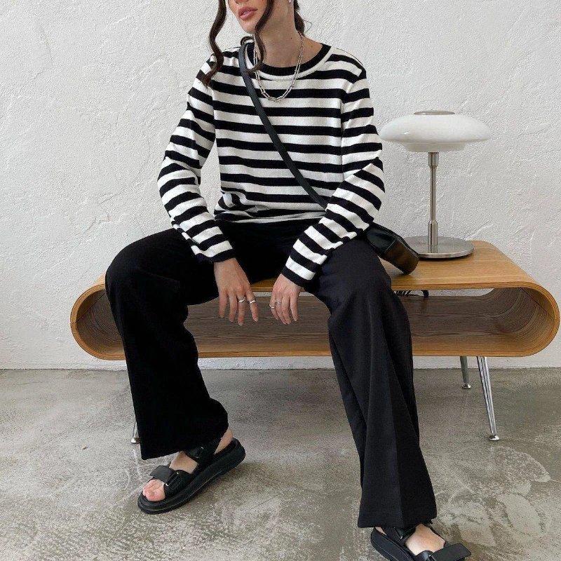 Bornladies Knitted Stripe Sweater Women 2025 Autumn Winter Loose Casual Thick Pullovers Female Warm Long-sleeved Round Neck Tops