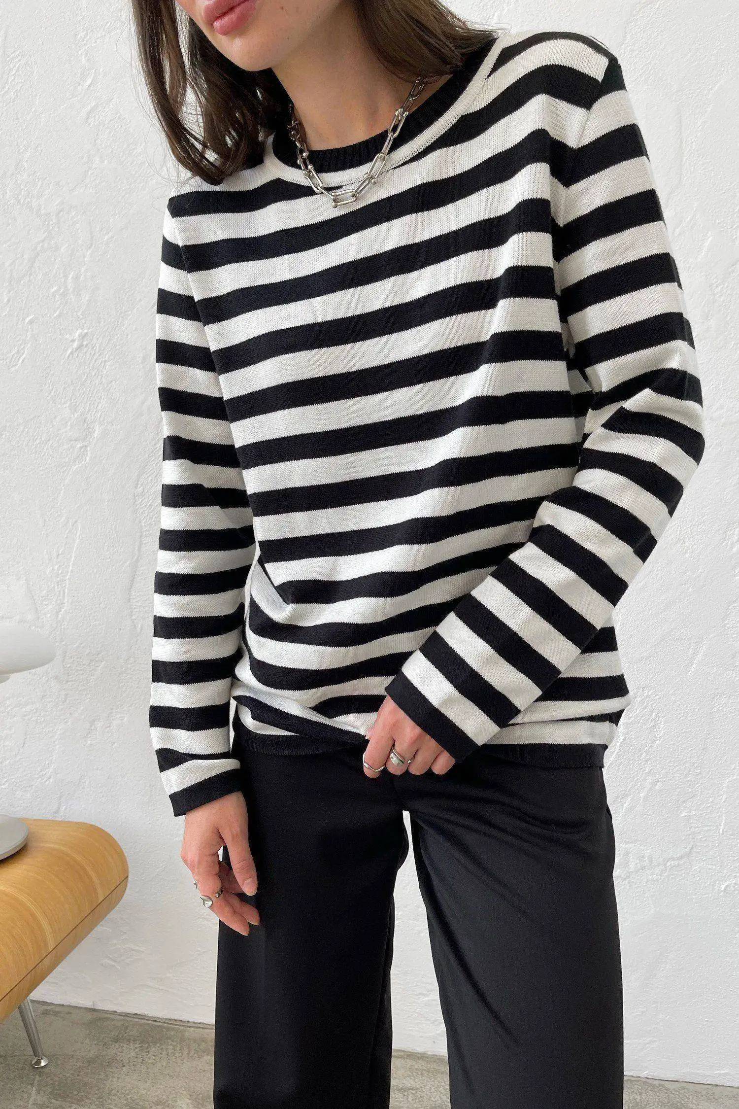 Bornladies Knitted Stripe Sweater Women 2025 Autumn Winter Loose Casual Thick Pullovers Female Warm Long-sleeved Round Neck Tops