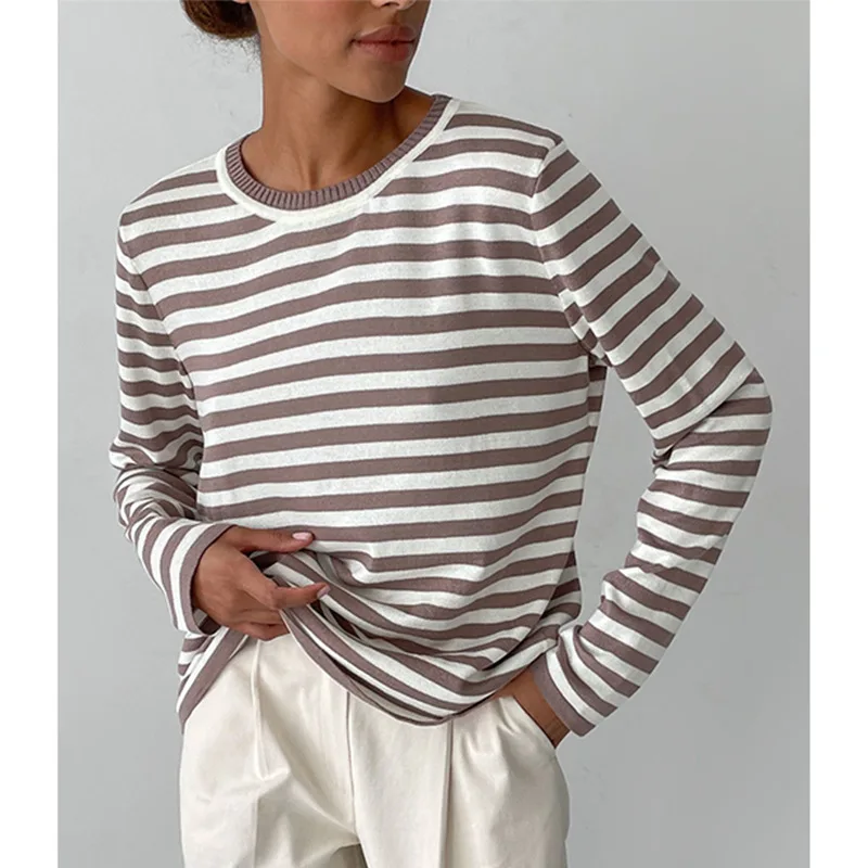Bornladies Knitted Stripe Sweater Women 2025 Autumn Winter Loose Casual Thick Pullovers Female Warm Long-sleeved Round Neck Tops
