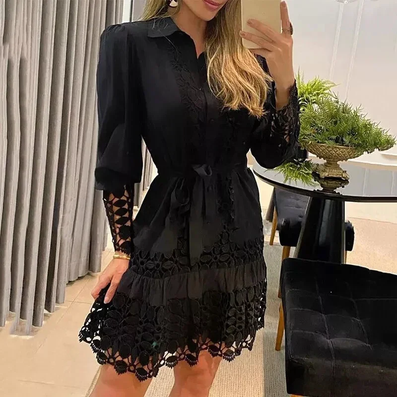 Women's Lace Lace Long Sleeve Dress OL Work Bohemian Solid Color Lapel Shirt Mini Dress Elegant Dress Ladies Commuting Clothes