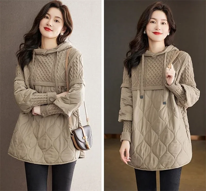 Women's Winter Parka 2024 Splicing Temperament Fashion Down Cotton Jacket Ladies Coat Knitting Appear Thin Hooded Female Jacket