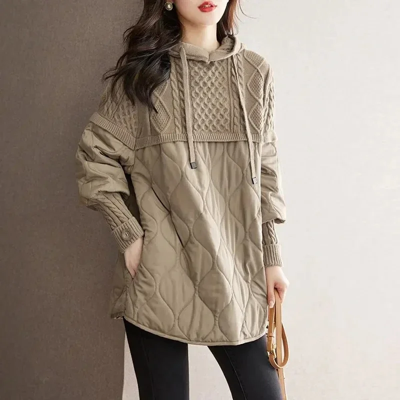 Women's Winter Parka 2024 Splicing Temperament Fashion Down Cotton Jacket Ladies Coat Knitting Appear Thin Hooded Female Jacket