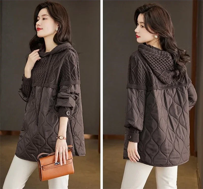 Women's Winter Parka 2024 Splicing Temperament Fashion Down Cotton Jacket Ladies Coat Knitting Appear Thin Hooded Female Jacket