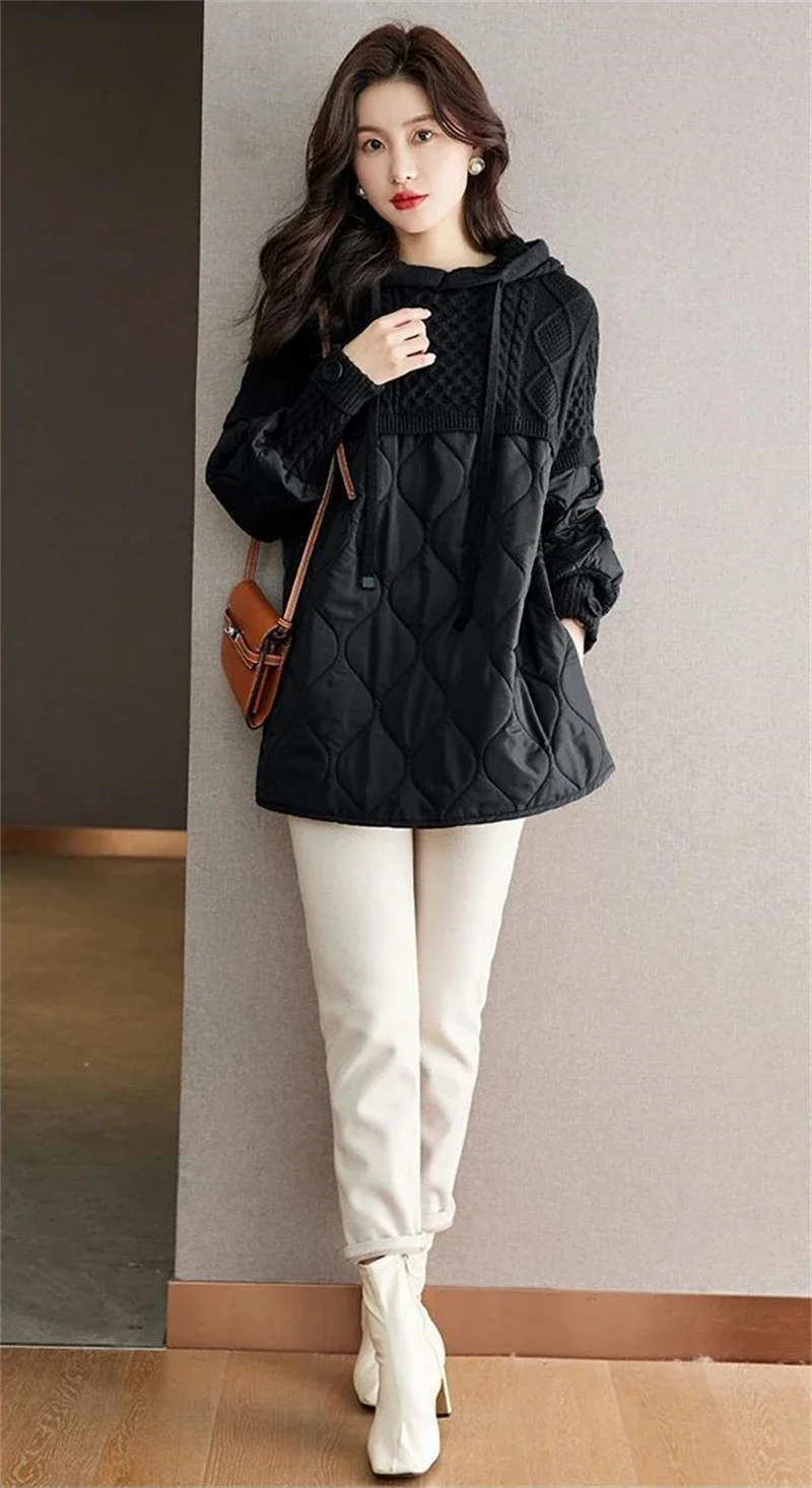 Women's Winter Parka 2024 Splicing Temperament Fashion Down Cotton Jacket Ladies Coat Knitting Appear Thin Hooded Female Jacket