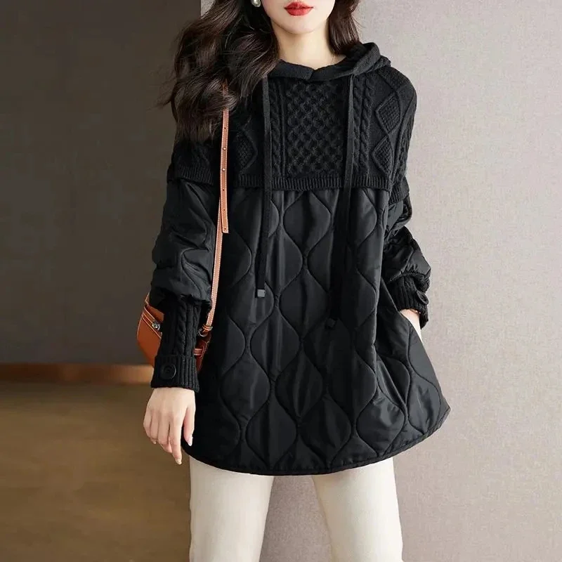Women's Winter Parka 2024 Splicing Temperament Fashion Down Cotton Jacket Ladies Coat Knitting Appear Thin Hooded Female Jacket