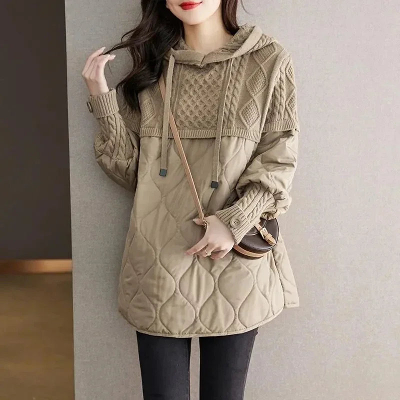 Women's Winter Parka 2024 Splicing Temperament Fashion Down Cotton Jacket Ladies Coat Knitting Appear Thin Hooded Female Jacket