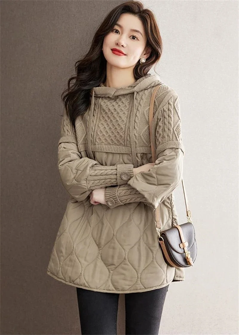Women's Winter Parka 2024 Splicing Temperament Fashion Down Cotton Jacket Ladies Coat Knitting Appear Thin Hooded Female Jacket