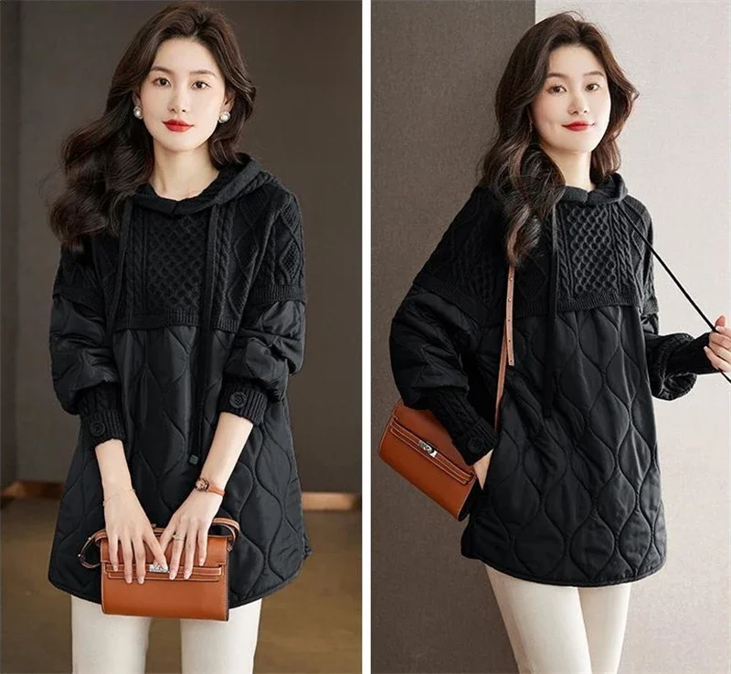 Women's Winter Parka 2024 Splicing Temperament Fashion Down Cotton Jacket Ladies Coat Knitting Appear Thin Hooded Female Jacket