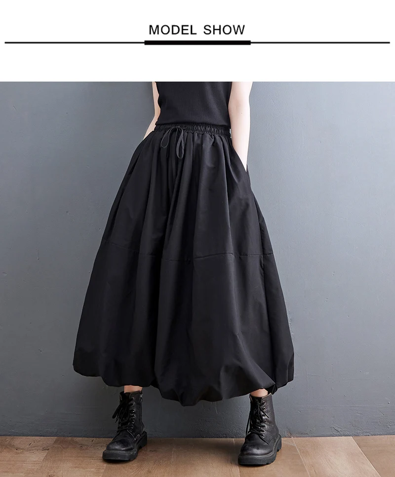Black Vintage High Waist Pleated Skirt Women Fashion Plus Size Drawstring Loose Casual Long Skirts Clothing Spring Autumn 2025