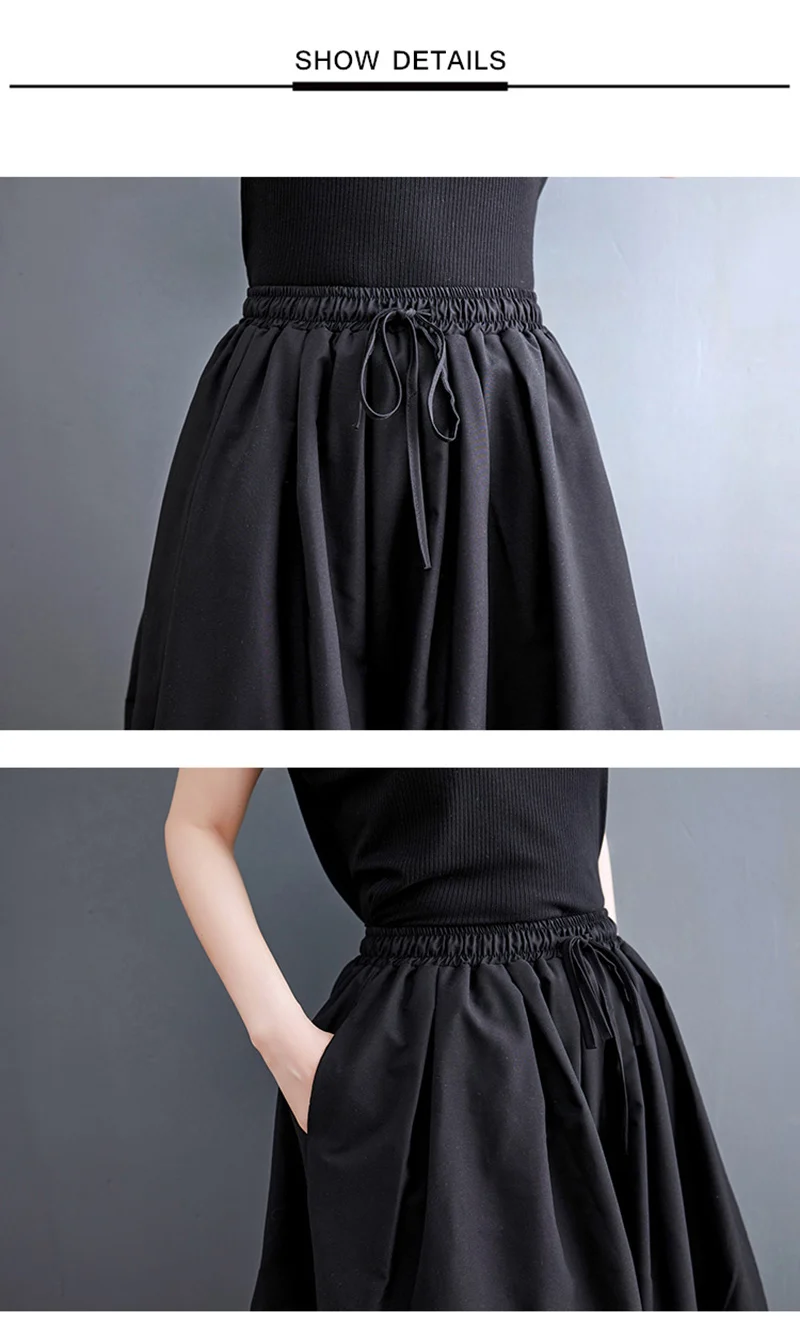 Black Vintage High Waist Pleated Skirt Women Fashion Plus Size Drawstring Loose Casual Long Skirts Clothing Spring Autumn 2025