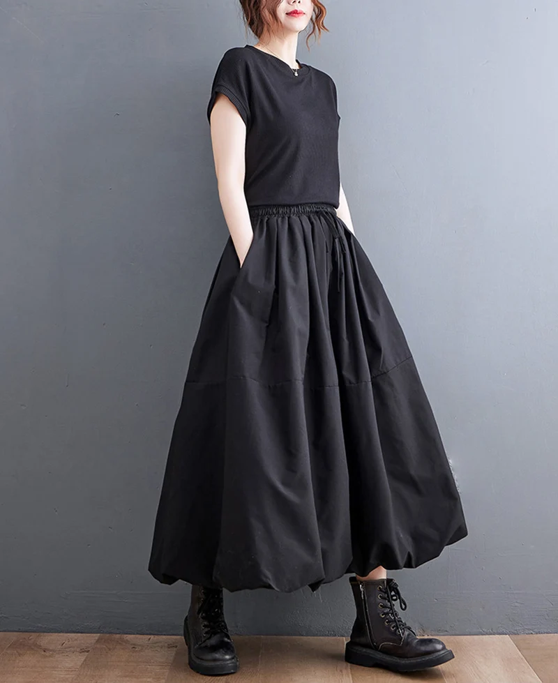 Black Vintage High Waist Pleated Skirt Women Fashion Plus Size Drawstring Loose Casual Long Skirts Clothing Spring Autumn 2025
