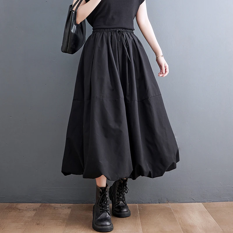 Black Vintage High Waist Pleated Skirt Women Fashion Plus Size Drawstring Loose Casual Long Skirts Clothing Spring Autumn 2025