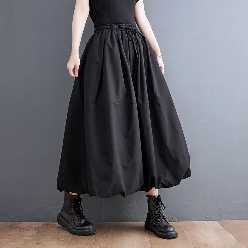 Black Vintage High Waist Pleated Skirt Women Fashion Plus Size Drawstring Loose Casual Long Skirts Clothing Spring Autumn 2025
