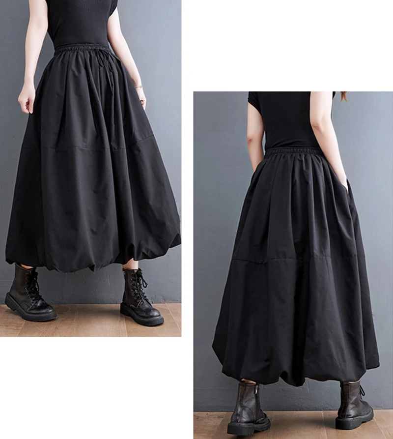 Black Vintage High Waist Pleated Skirt Women Fashion Plus Size Drawstring Loose Casual Long Skirts Clothing Spring Autumn 2025