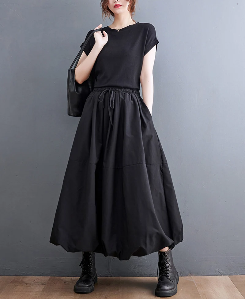Black Vintage High Waist Pleated Skirt Women Fashion Plus Size Drawstring Loose Casual Long Skirts Clothing Spring Autumn 2025