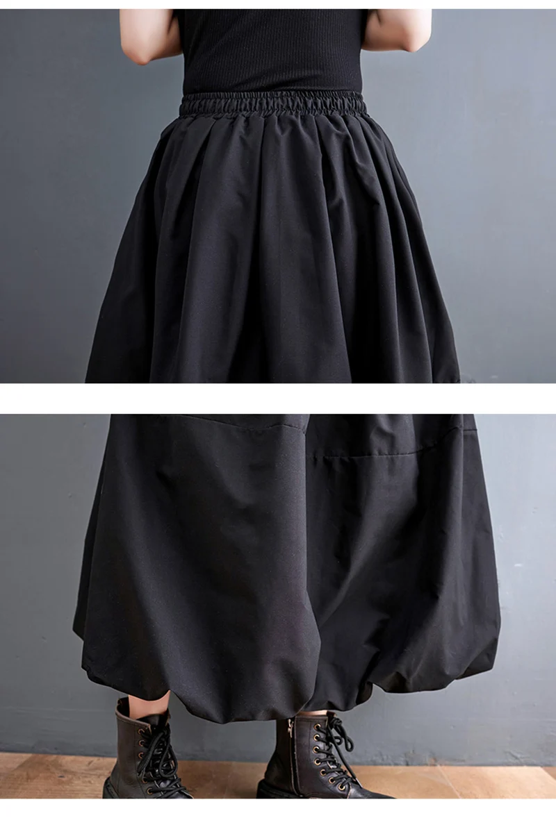 Black Vintage High Waist Pleated Skirt Women Fashion Plus Size Drawstring Loose Casual Long Skirts Clothing Spring Autumn 2025