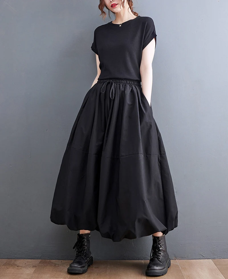 Black Vintage High Waist Pleated Skirt Women Fashion Plus Size Drawstring Loose Casual Long Skirts Clothing Spring Autumn 2025