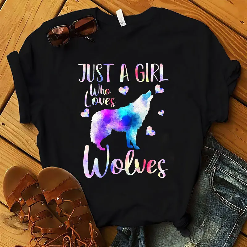 Just A Girl Love Wolves Print Women T Shirt Short Sleeve O Neck Loose Women Tshirt Ladies Tee Shirt Tops Camisetas Mujer