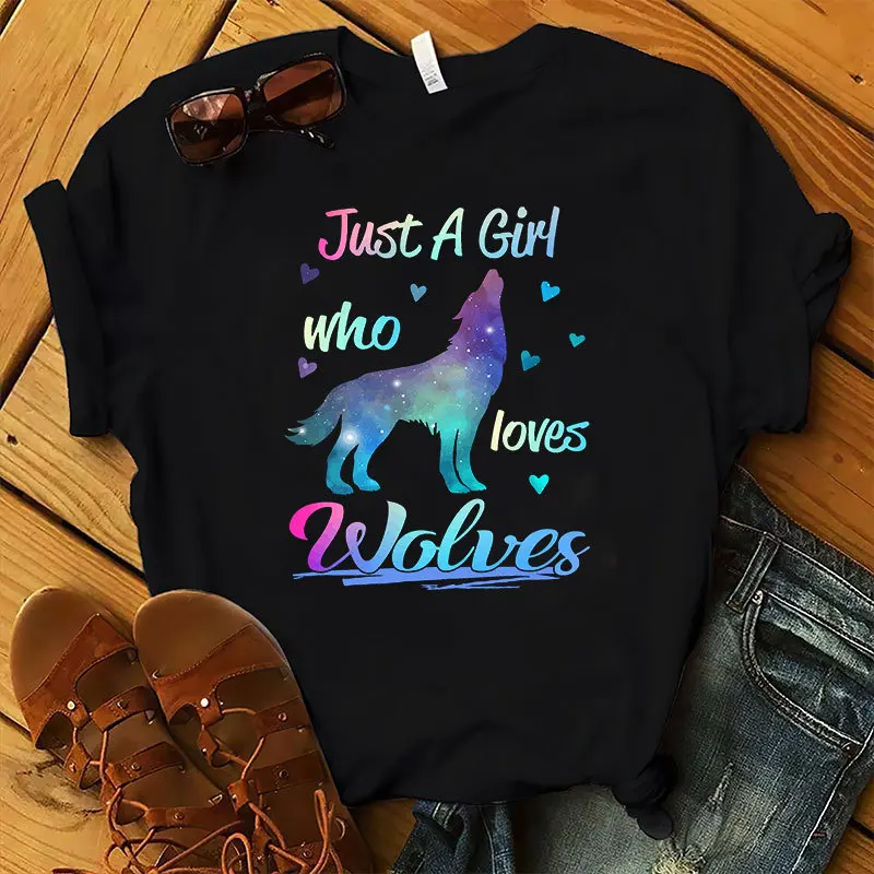 Just A Girl Love Wolves Print Women T Shirt Short Sleeve O Neck Loose Women Tshirt Ladies Tee Shirt Tops Camisetas Mujer