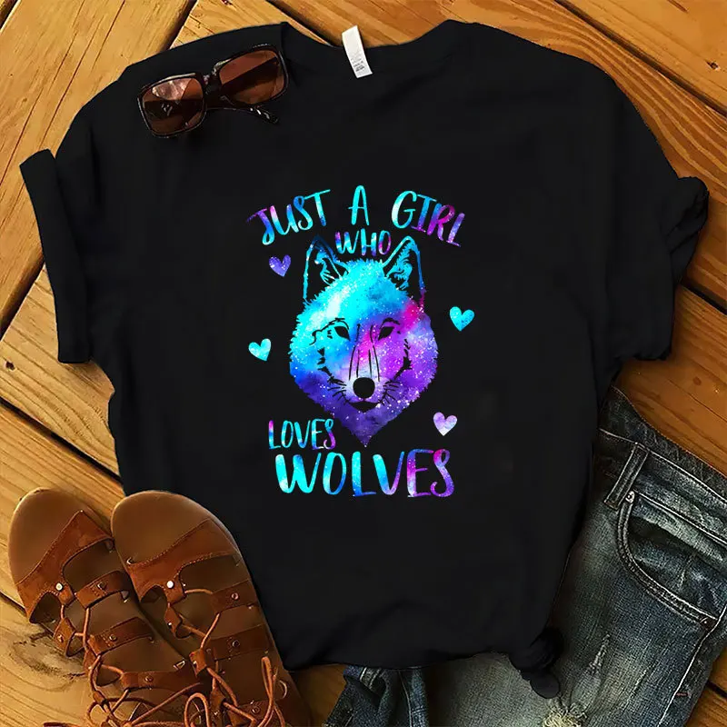 Just A Girl Love Wolves Print Women T Shirt Short Sleeve O Neck Loose Women Tshirt Ladies Tee Shirt Tops Camisetas Mujer