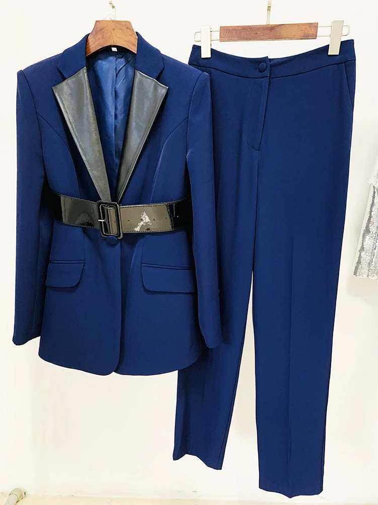 HIGH STREET Newest 2026 S/S Runway Designer Suit Set Women's Leather Collar Belted Blazer Pencil Pants Set 2pcs