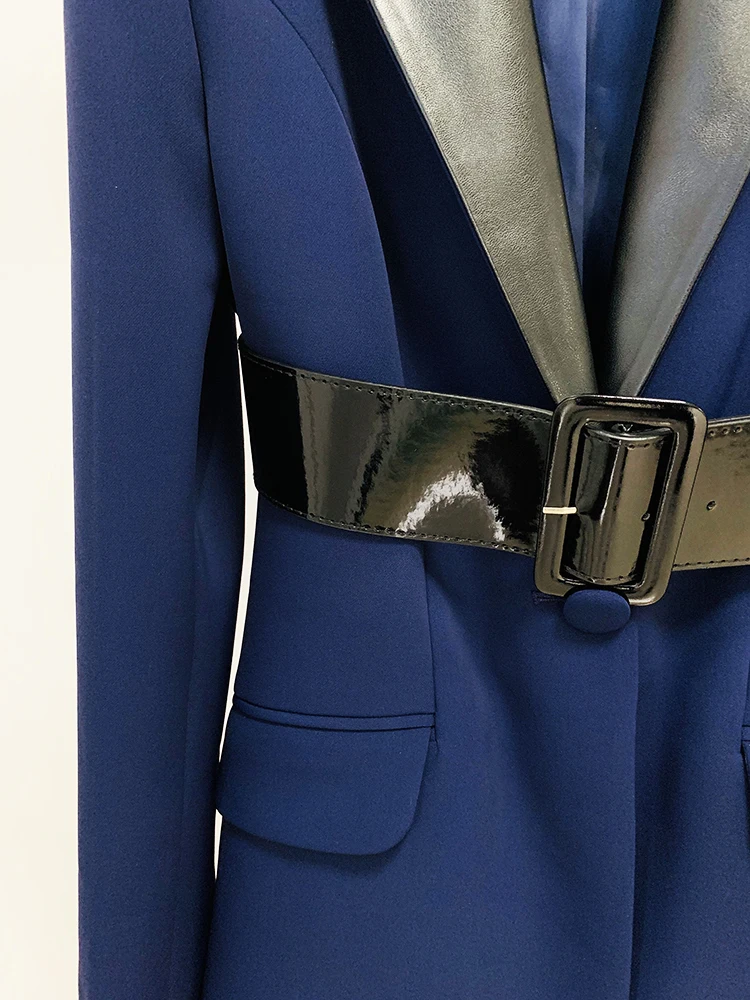 HIGH STREET Newest 2026 S/S Runway Designer Suit Set Women's Leather Collar Belted Blazer Pencil Pants Set 2pcs