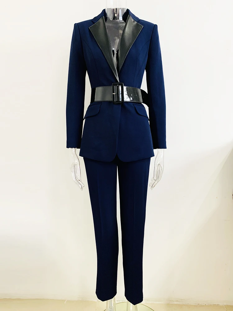 HIGH STREET Newest 2026 S/S Runway Designer Suit Set Women's Leather Collar Belted Blazer Pencil Pants Set 2pcs