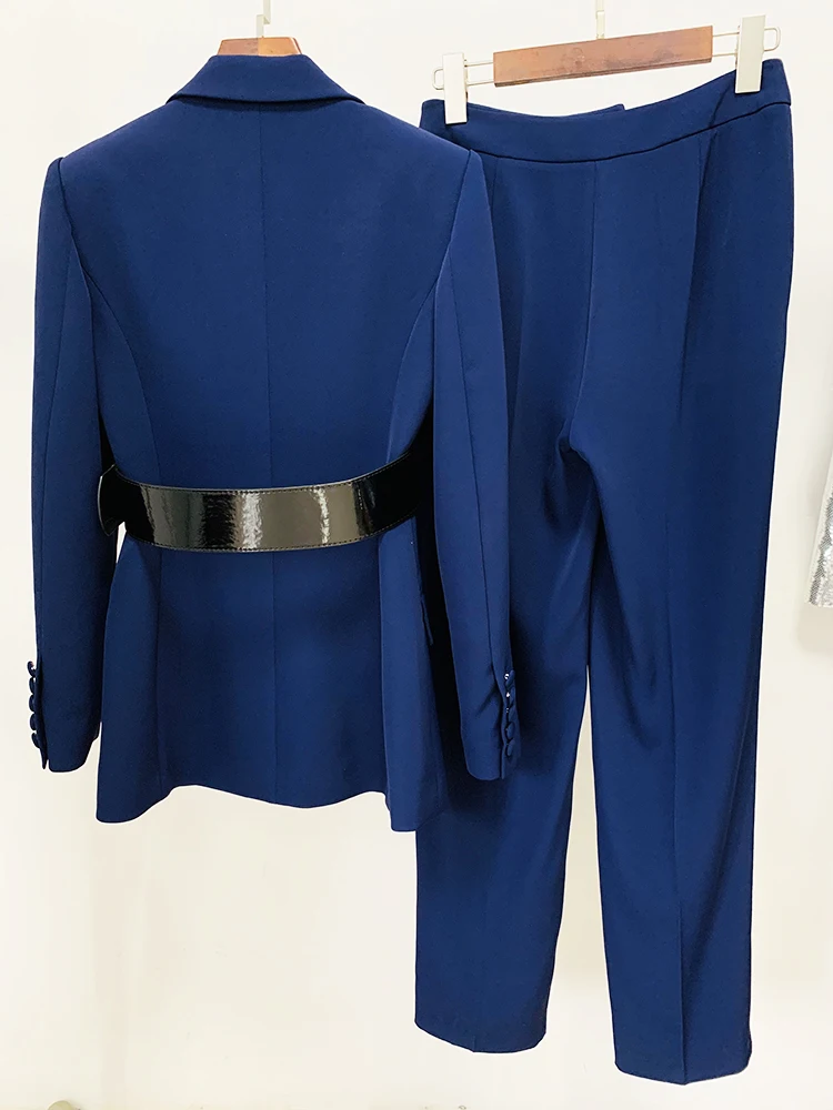 HIGH STREET Newest 2026 S/S Runway Designer Suit Set Women's Leather Collar Belted Blazer Pencil Pants Set 2pcs