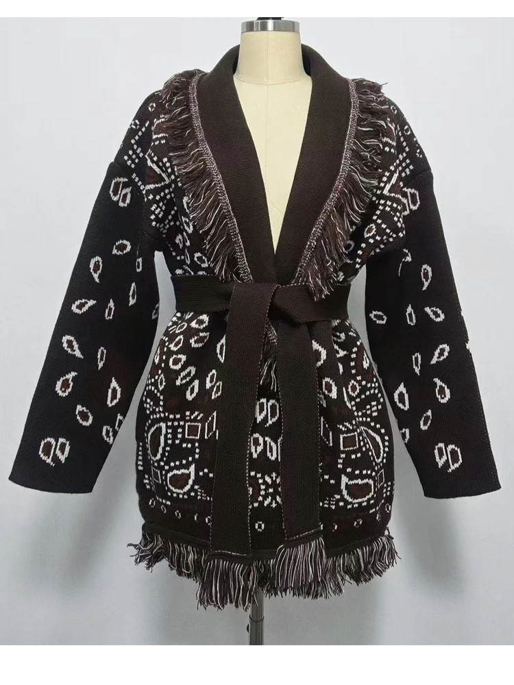 WQJGR High Quality Jacquard Cardigan Sweater Women Wool Cashmere Kniited Tassel Loose Full Sleeve Fashion Autumn Winter