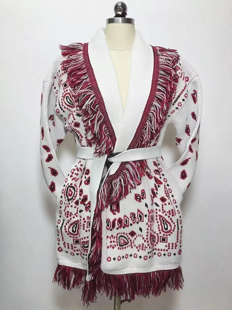 WQJGR High Quality Jacquard Cardigan Sweater Women Wool Cashmere Kniited Tassel Loose Full Sleeve Fashion Autumn Winter