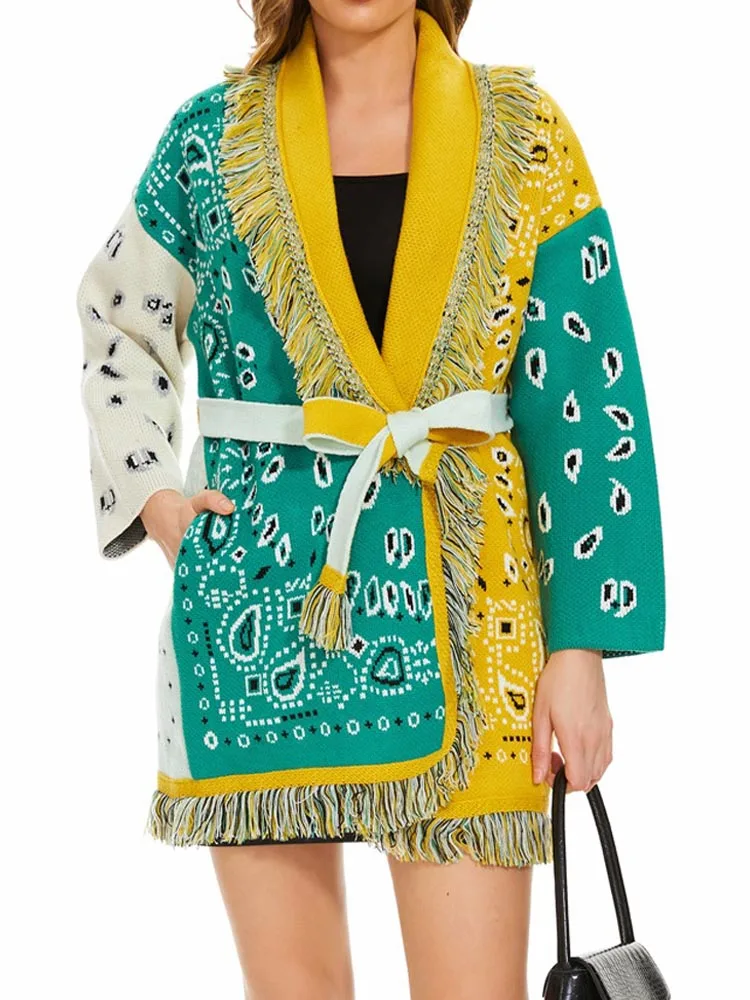 WQJGR High Quality Jacquard Cardigan Sweater Women Wool Cashmere Kniited Tassel Loose Full Sleeve Fashion Autumn Winter