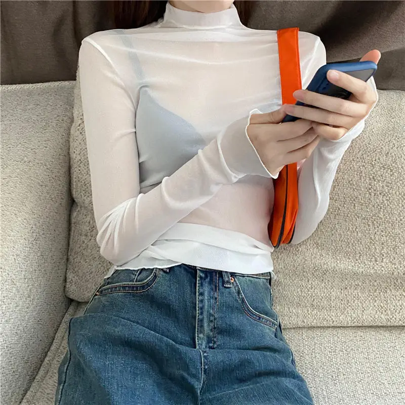 Sexy Women T Shirt See Through Transparent Mesh Tops Long Sleeve Sheer Slim Ladies Solid Turtleneck Silk T-Shirt Lace Crop Top