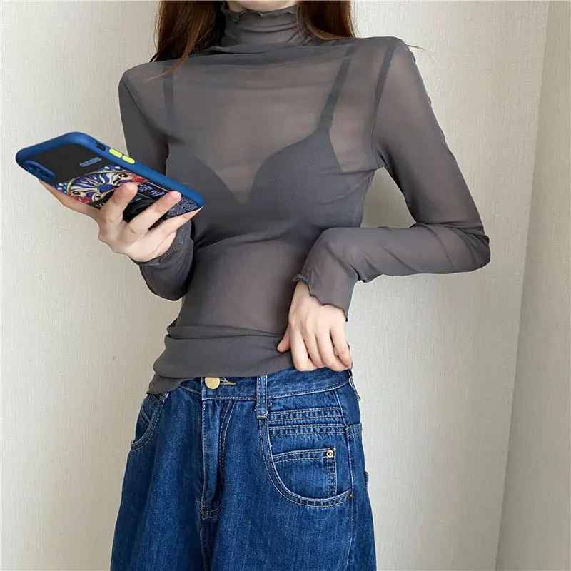 Sexy Women T Shirt See Through Transparent Mesh Tops Long Sleeve Sheer Slim Ladies Solid Turtleneck Silk T-Shirt Lace Crop Top