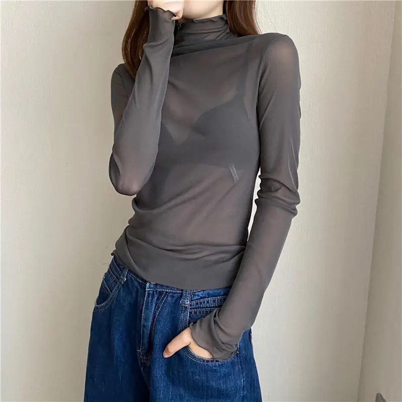 Sexy Women T Shirt See Through Transparent Mesh Tops Long Sleeve Sheer Slim Ladies Solid Turtleneck Silk T-Shirt Lace Crop Top