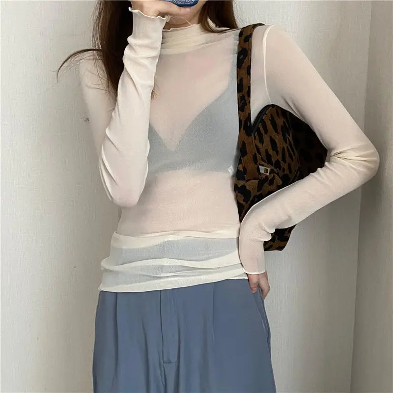 Sexy Women T Shirt See Through Transparent Mesh Tops Long Sleeve Sheer Slim Ladies Solid Turtleneck Silk T-Shirt Lace Crop Top