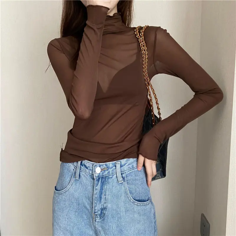 Sexy Women T Shirt See Through Transparent Mesh Tops Long Sleeve Sheer Slim Ladies Solid Turtleneck Silk T-Shirt Lace Crop Top