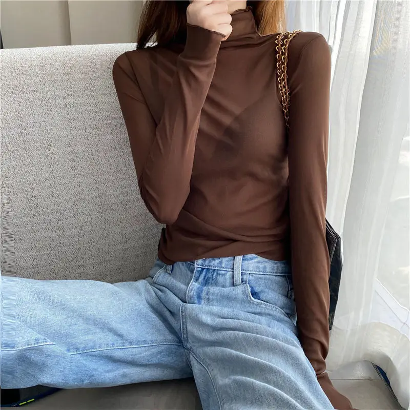 Sexy Women T Shirt See Through Transparent Mesh Tops Long Sleeve Sheer Slim Ladies Solid Turtleneck Silk T-Shirt Lace Crop Top