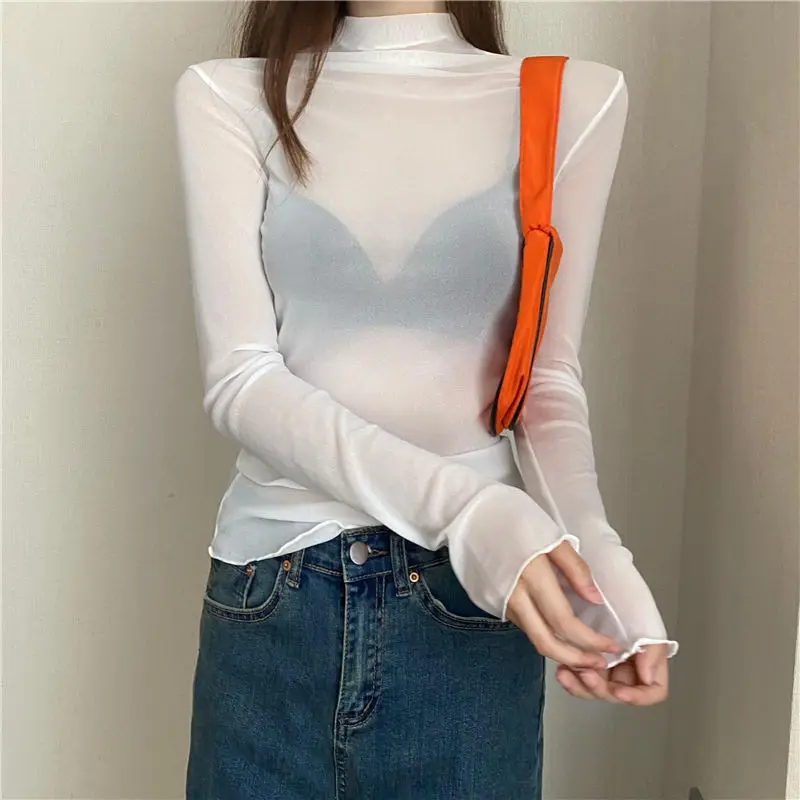 Sexy Women T Shirt See Through Transparent Mesh Tops Long Sleeve Sheer Slim Ladies Solid Turtleneck Silk T-Shirt Lace Crop Top