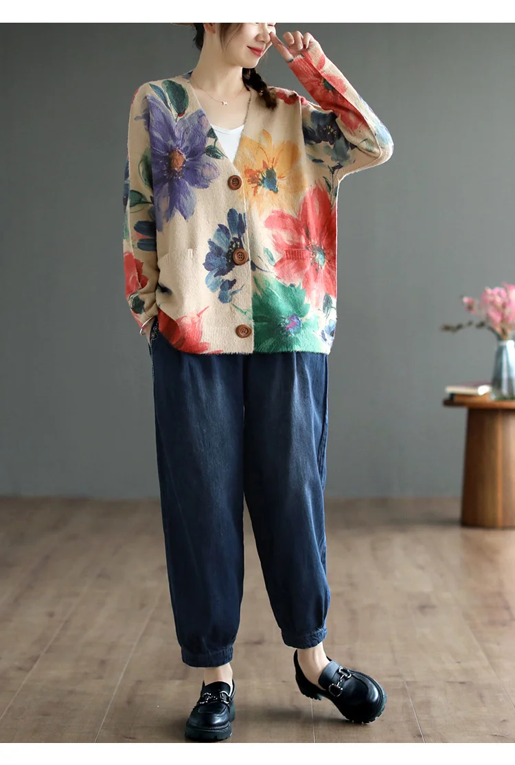 Amax luluE 2024 Autumn Luxury Knitted Cardigans Womens Loose Fashion Warm Floral Sweaters Ladies Printed Casual Elegant Clothing