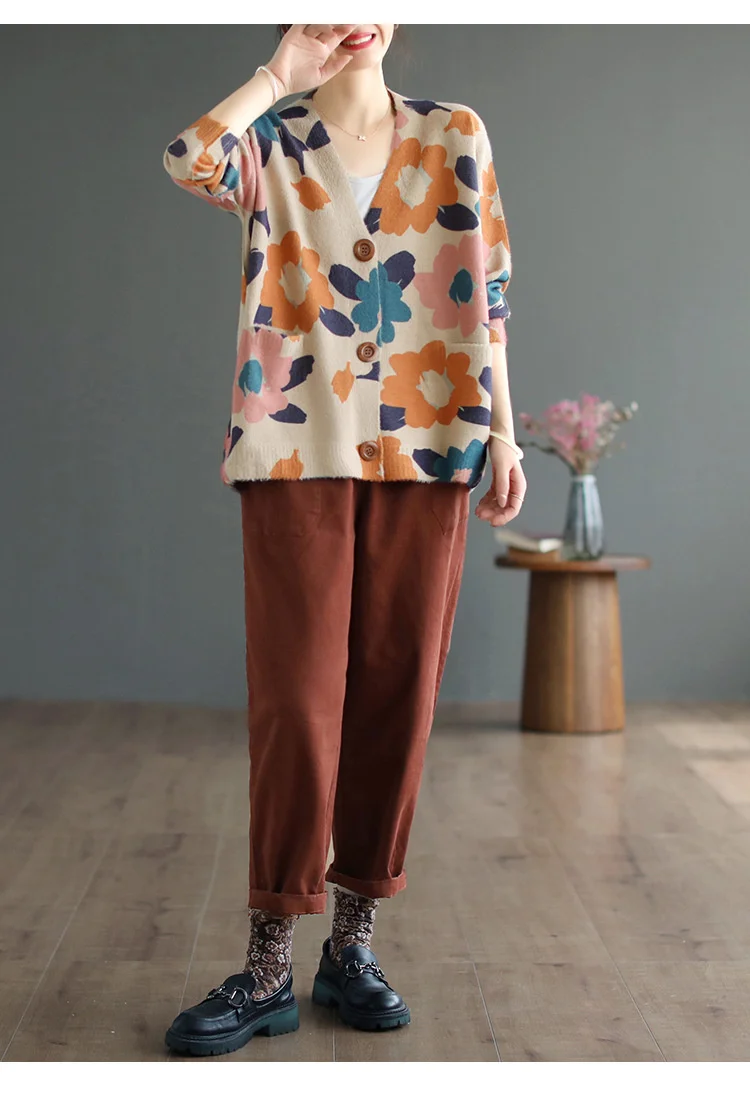 Amax luluE 2024 Autumn Luxury Knitted Cardigans Womens Loose Fashion Warm Floral Sweaters Ladies Printed Casual Elegant Clothing