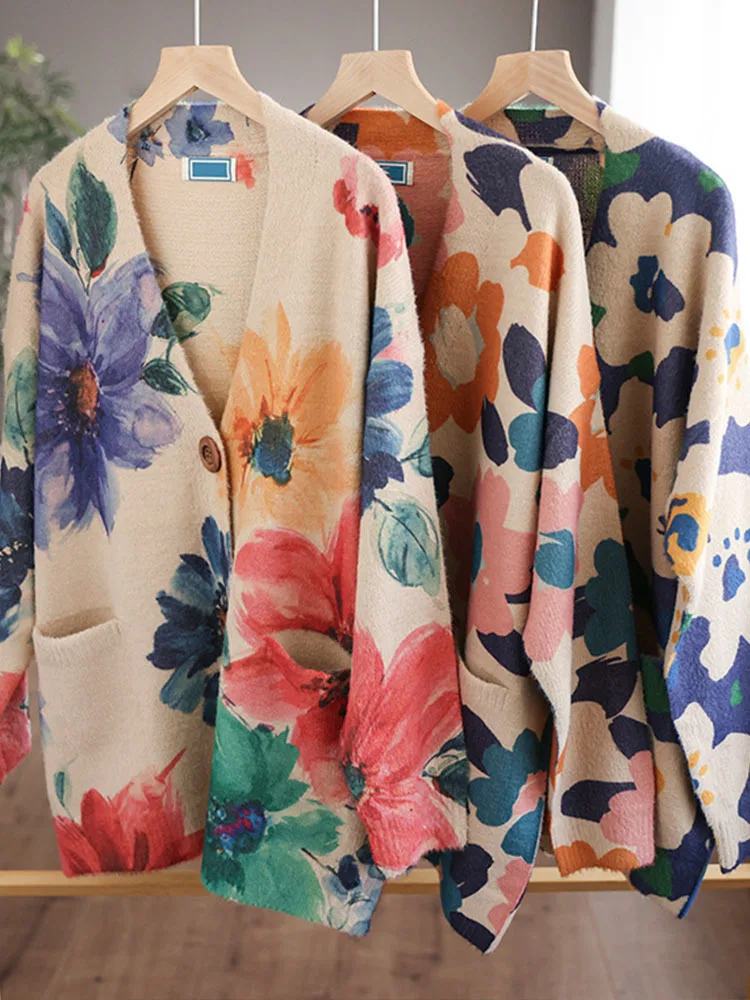 Amax luluE 2024 Autumn Luxury Knitted Cardigans Womens Loose Fashion Warm Floral Sweaters Ladies Printed Casual Elegant Clothing